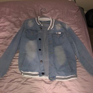 Distressed lettermen jean jacket